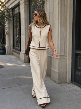 Sleeveless Cream Two-Piece Pants Set with Contrast Trim